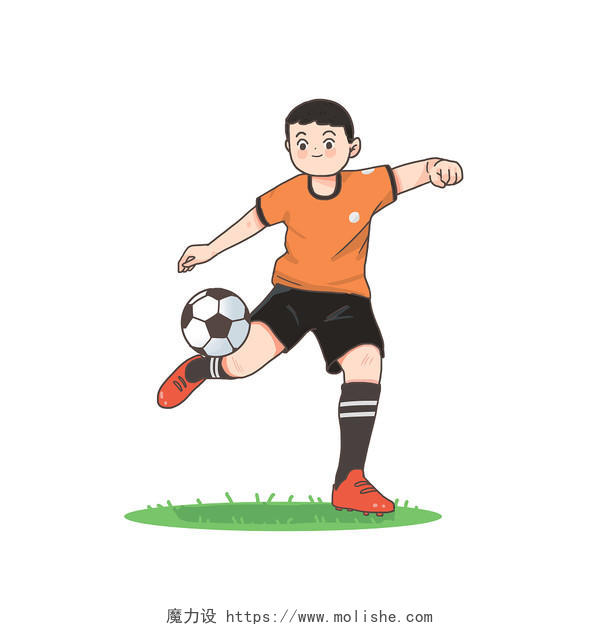 手绘橙色球服男孩踢球动作元素图案踢足球元素